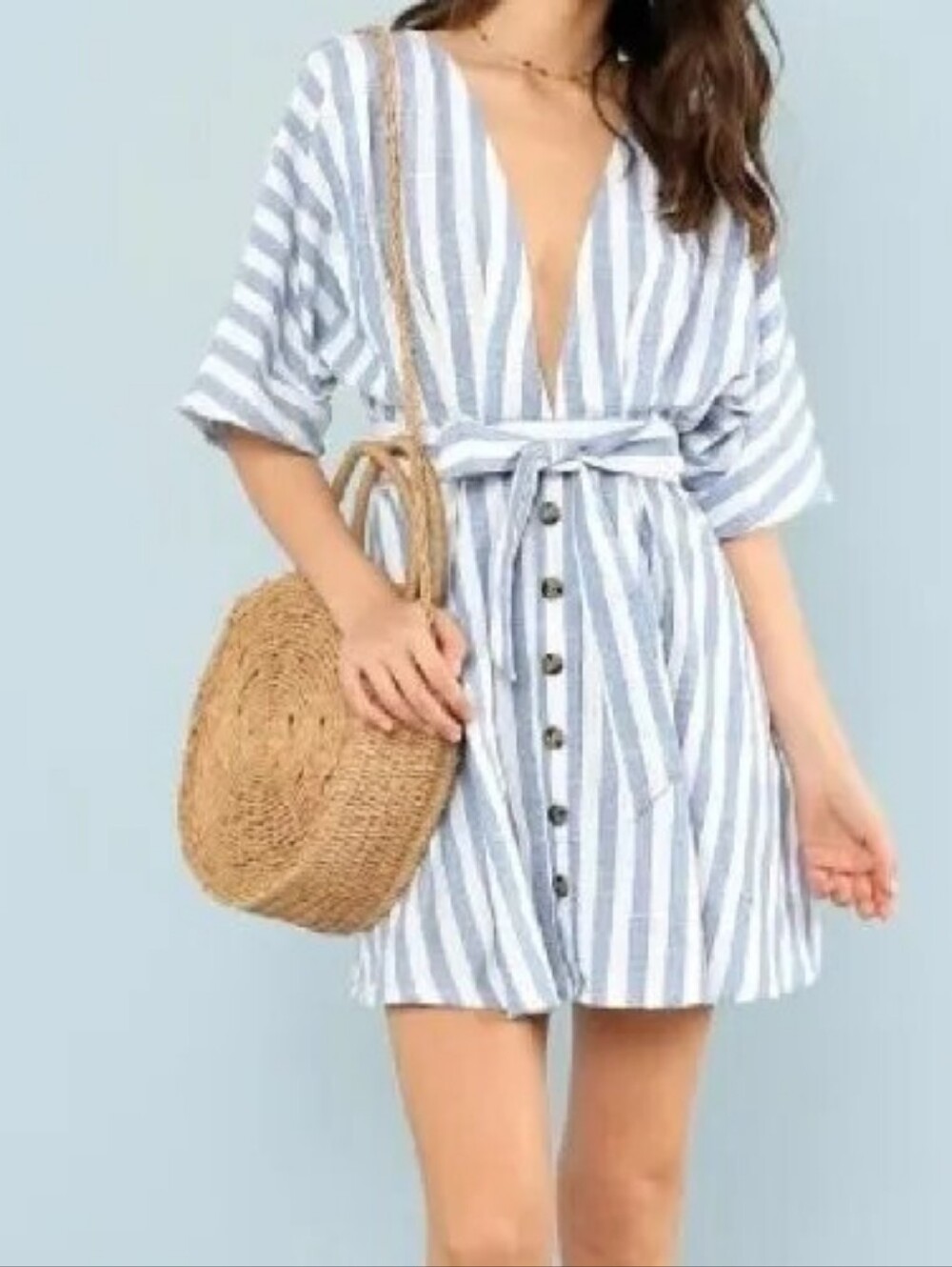Striped V-Neck Button Front Tie-Waist Mini Dress, Size 3X (Runs Small)
